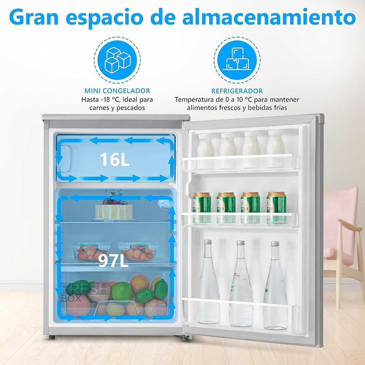 2026 Midea Nevera pequeña 113L con Congelador - Mini frigorífico pequeño para la Habitación/Caravana/Camping - Mini Bar Bajo Consumo - Frigorifico Bajo Encimera Silencioso 39dB + Congelador -16º/-24º