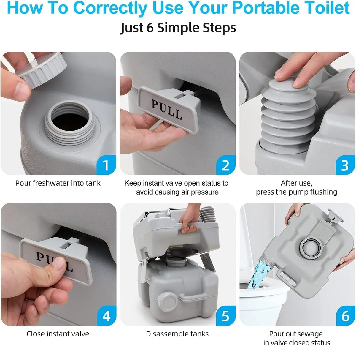 2026 NewDextrus 5.3 Gallon Portable Toilet With Detachable Tank, Double Outlet Water Spout, Press Flush Pump, Travel RV Potty for Camping, Boating, Hiking, Trips, White&Gray