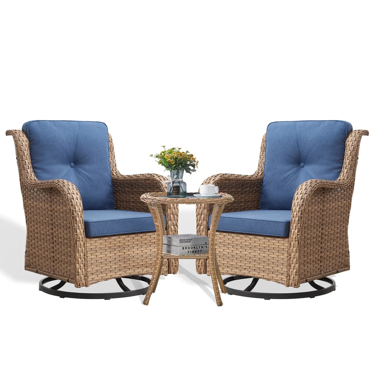 2026 NewPOCASSY 3 Piece Patio Set Outdoor Wicker Glider Rocking and Swivel Chairs with Cushions