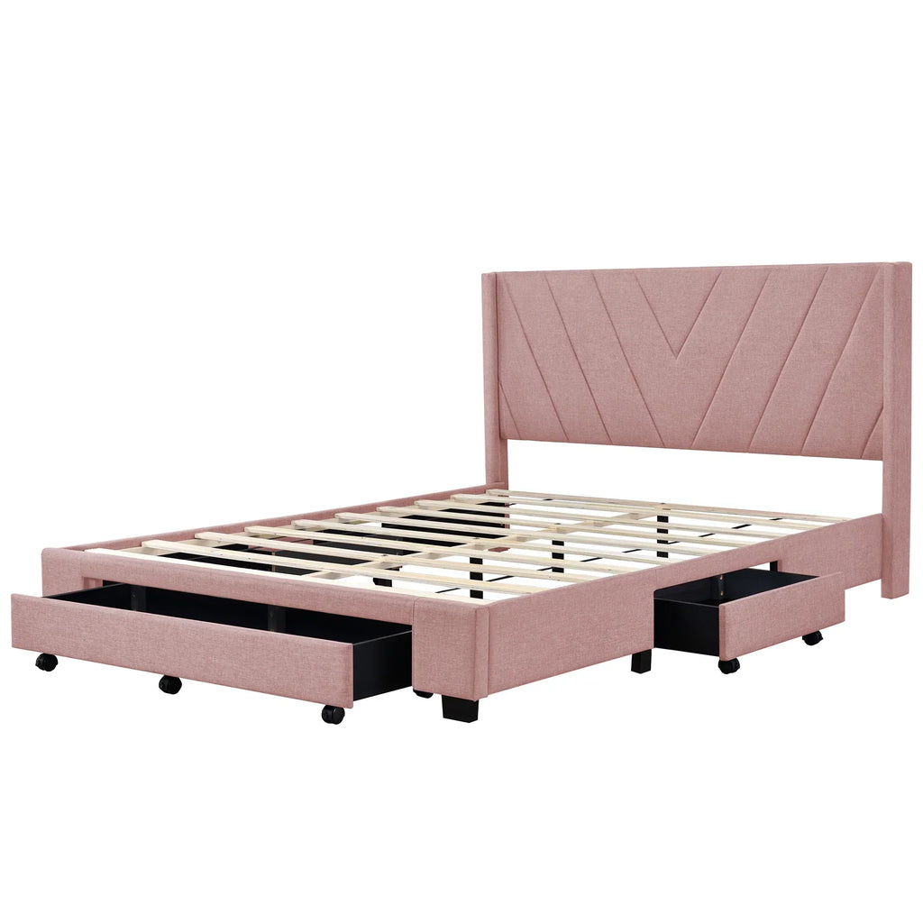 2026 NewSesslife Queen Bed Frame with Storage, New Upgraded Linen Upholstered Platform Bed with 3 Drawers, Queen Size Storage Bed with Headboard and Wooden Slats, No Box Spring Needed, Holds 500lbs, Beige