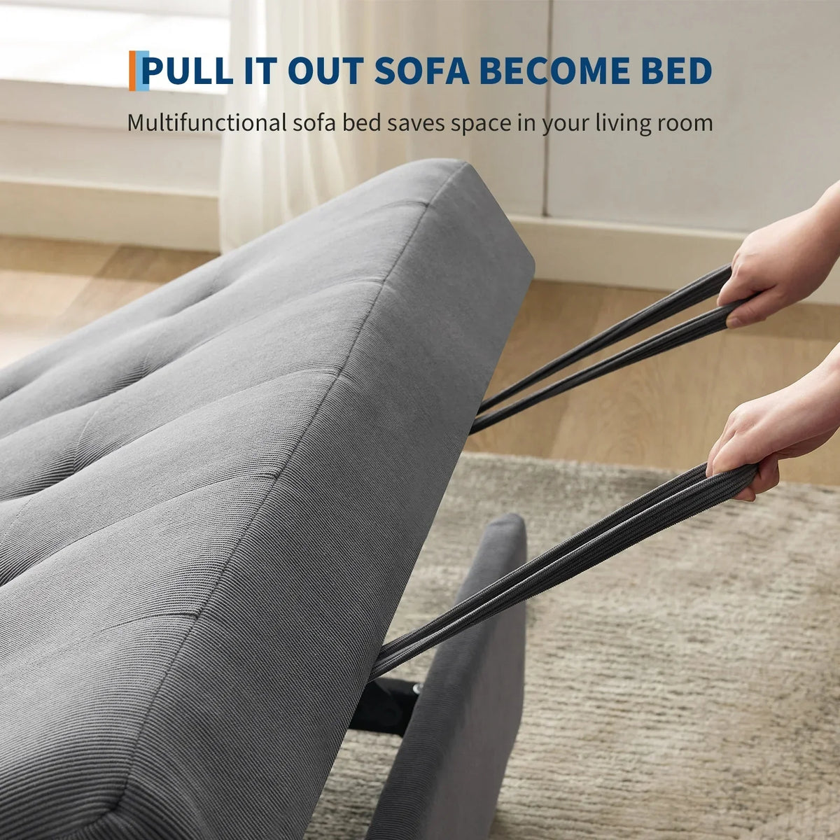 2026 New3 in 1 Convertible Sleeper Sofa Bed, Corduroy Futon Couches with Pull-Out Bed, Adjustable Backrest, Charging Port & Side Pockets, Modern Upholstered Sofa for Living Room, Guest Room