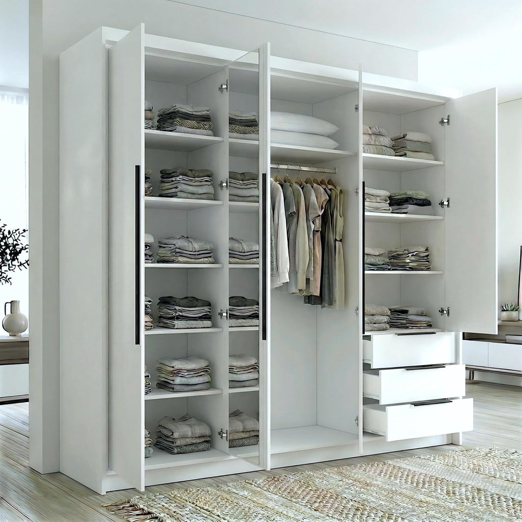 2026 Armario VIVO de A and J MöbelLand de 4 puertas con espejo y cajones - 200 x 215 cm - Armario con puertas batientes, barra para colgar ropa y estantes.