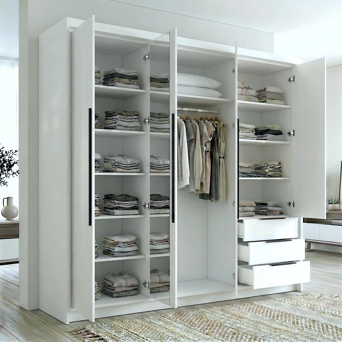 2026 Armario VIVO de A and J MöbelLand de 4 puertas con espejo y cajones - 200 x 215 cm - Armario con puertas batientes, barra para colgar ropa y estantes.