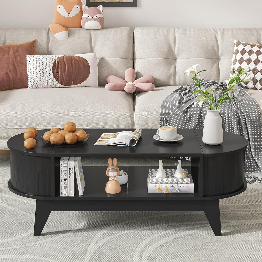 2026 NewFluted Coffee Table with Storage, Modern Coffee Tables, Wood Accent Center Table