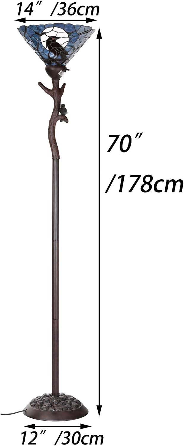2026 Bieye L30959 Cuervo se sienta de nuevo en una rama desnuda Luna llena Estilo Tiffany Lámpara de pie Torchiere de vidrieras para decoración de Halloween (azul oscuro)