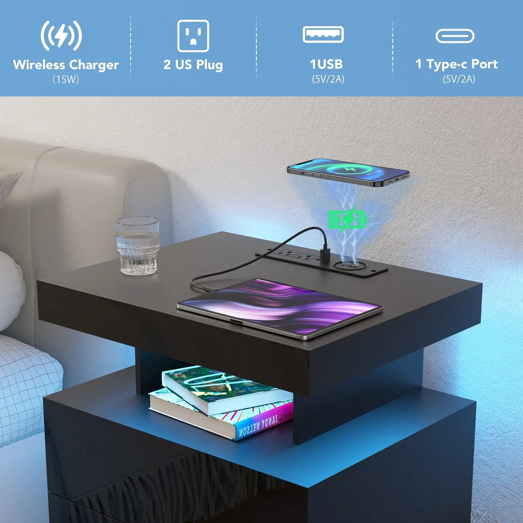 2026 NewHommpa LED Nightstand Wireless Charging Station USB Type C Outlets Bedside Table 3 Drawers Black Night Table Modern Smart Nightstand High Gloss End Side Table for Bedroom Furniture 26.8" Tall