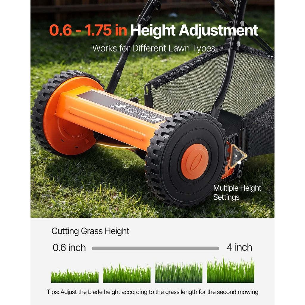 2026 NewKFFKFF 16-Inch Manual Push Reel Lawn Mower, 5-Blade Design, Adjustable Cutting Height from 0.6 to 1.75 Inches, Walk-Behind Mower with Grass Collection Bag for Lawns, Driveways, and Courtyards