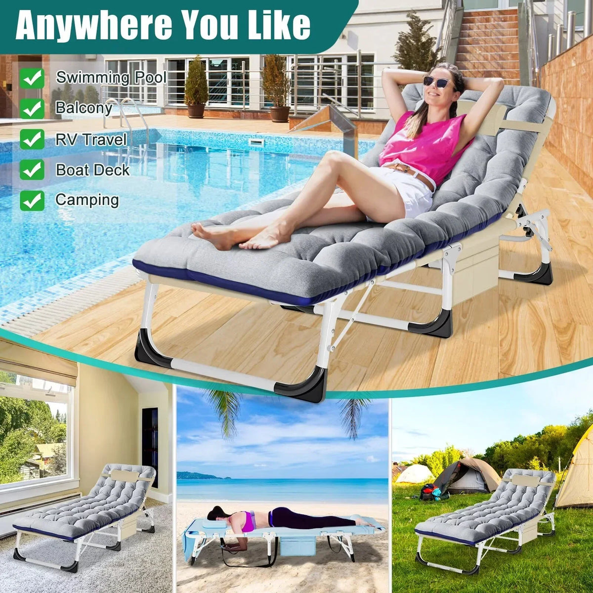 2026 NewMOPHOTO Lounge Chair with Mattress, Outdoor Chaise Lounge Support 440 Lbs, Adjustable Portable Heavy Duty Sleeping Cots Bed for Camping, Pool, Beach, Patio