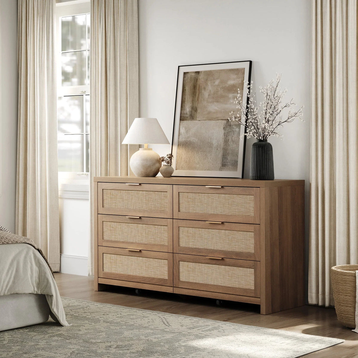2026 NewSICOTAS 56.85" 6 Drawer Dresser,Rattan Dresser with Storage,Boho Dressers & Chests of Drawers Wooden Tall Dresser for Bedroom