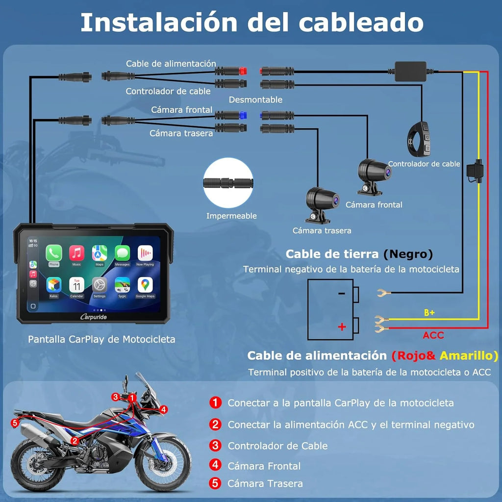2026 Carpuride W702 Plus Android 14 Motocicleta Carplay Pantalla con Doble Cámara, CarPlay y Android Auto Inalámbricos,7" Pantalla Táctil Impermeable, Audio BT,Grabación Bucle, Navegación Online y Offline.