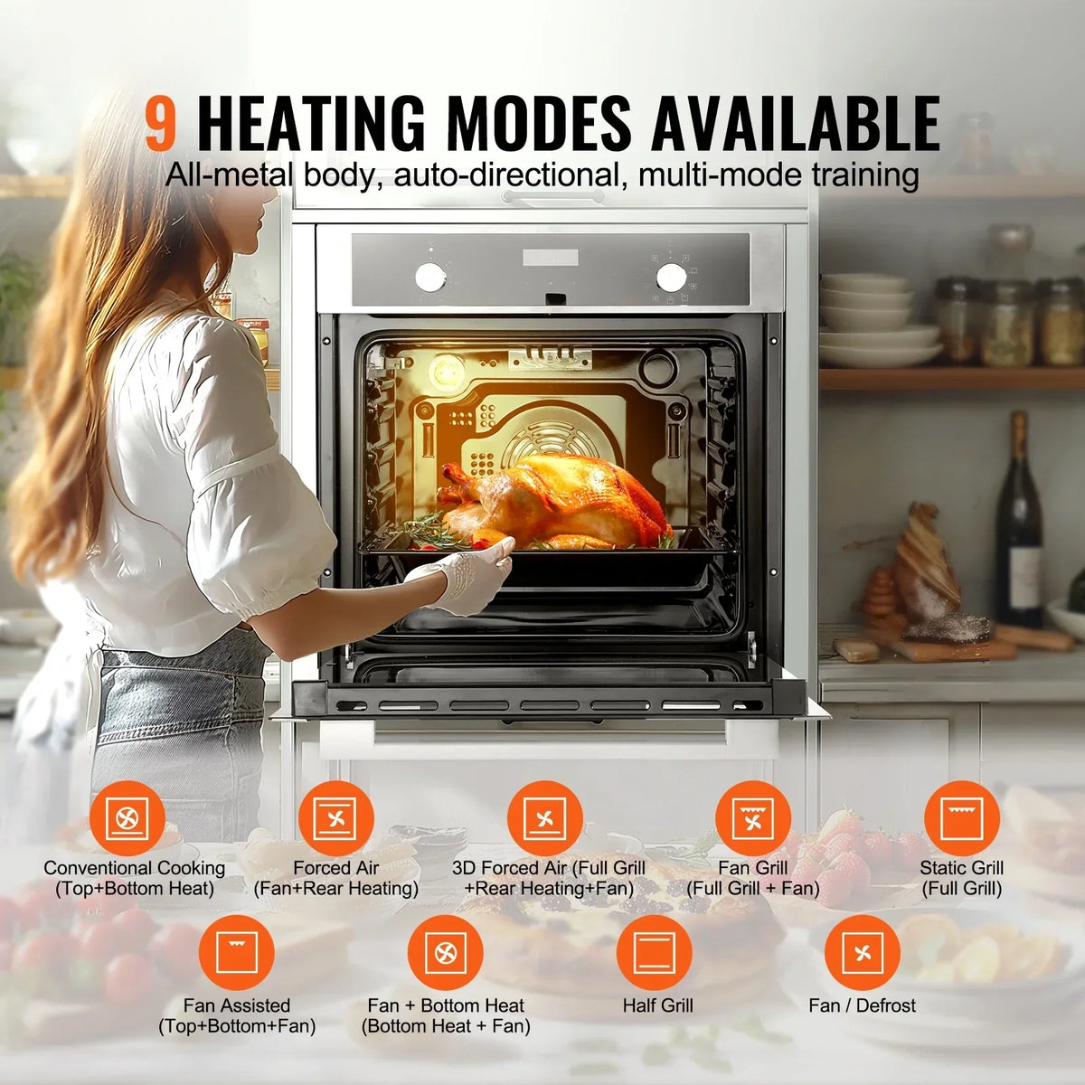 2026 NewKFFKFF Single Wall Oven, 24" Electric Oven for Built-in Installation, Offers 9 Cooking Modes, 2.68 Cu.Ft Capacity, Includes Timer, 2800W Power