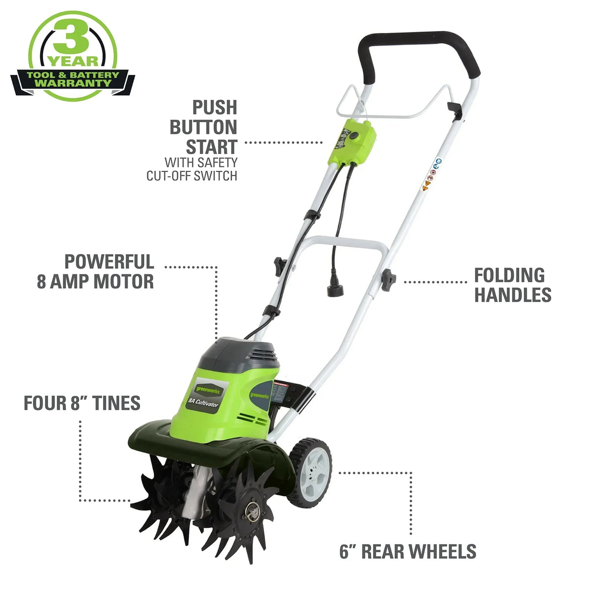 2026 NewGreenworks 8 Amp 10-inch Corded Electric Cultivator/Tiller, 27072