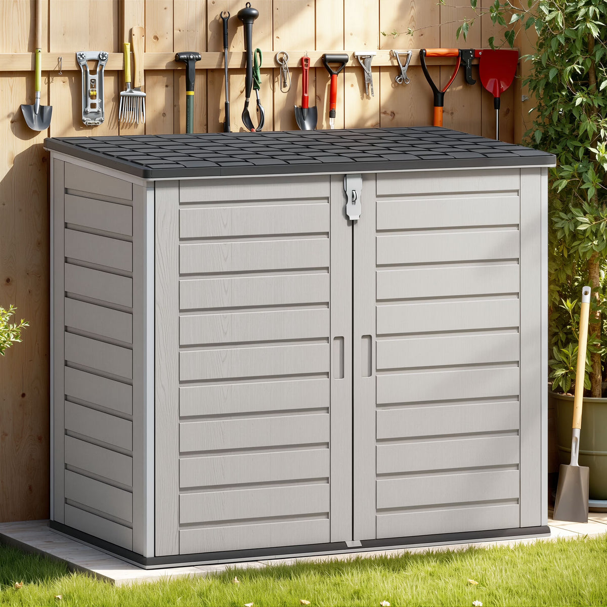2026 New51 Cu Ft Outdoor Storage Shed, Resin Storage Cabinet with Door & Lock, Multi-Purpose Outdoor Shed for Garbage Cans, Garden Tools, Bikes, Easy to Assemble, Gray