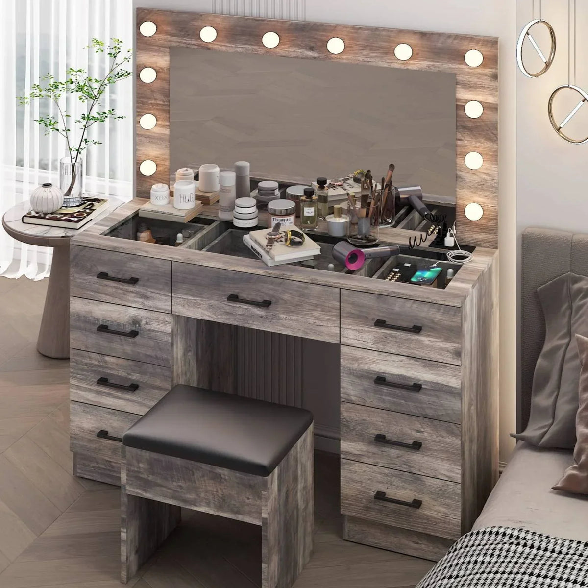 2026 NewKtaxon Large Makeup Vanity, Vanity Table Set w/ Visible Glass Top w/ Charging Station, White