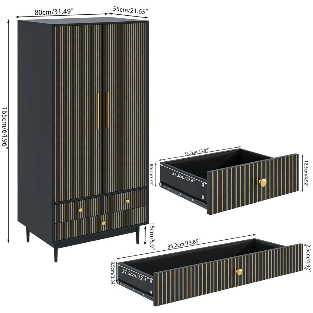 2026 NewOubayajia Wardrobe Armoire Closet, 2 Fluted Doors Wardrobe Cabinet with 3-Drawer and Hanging Rod, Wood Wardrobe Storage for Bedroom