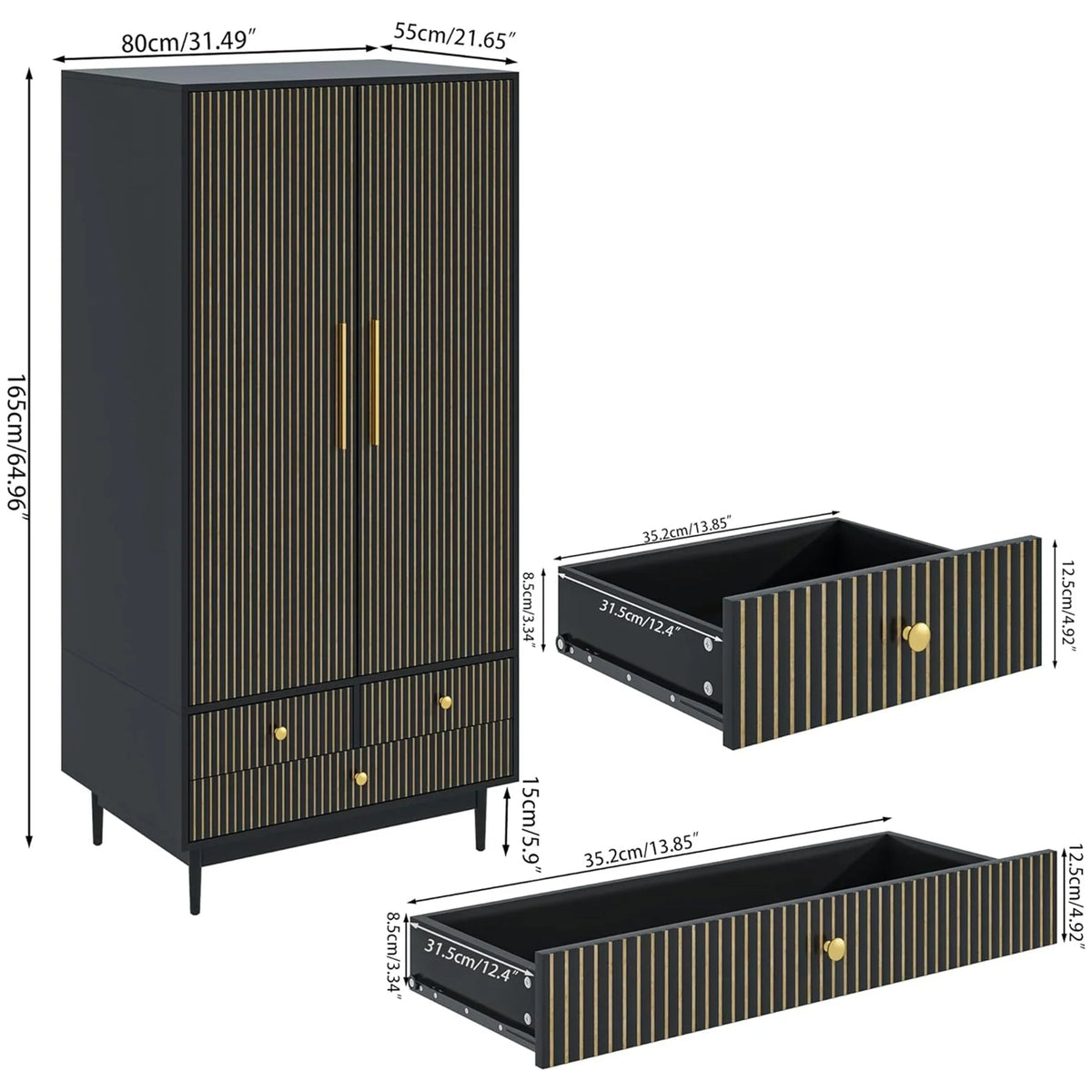 2026 NewOubayajia Wardrobe Armoire Closet, 2 Fluted Doors Wardrobe Cabinet with 3-Drawer and Hanging Rod, Wood Wardrobe Storage for Bedroom