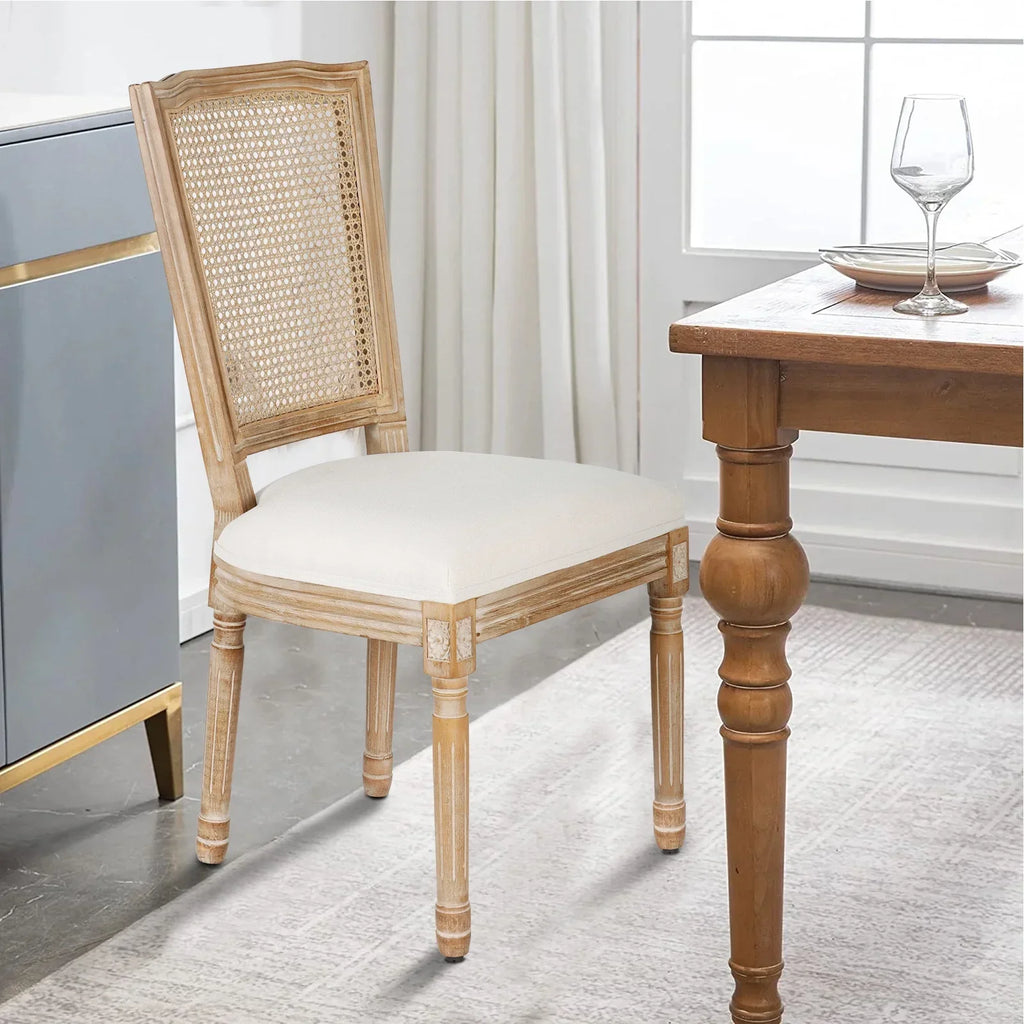 2026 NewFrench Dining Chairs Set of 2 Beige Natural Fabric Round Back with Solid Wood Legs and Frame for Bedroom Dining Room Kitchen
