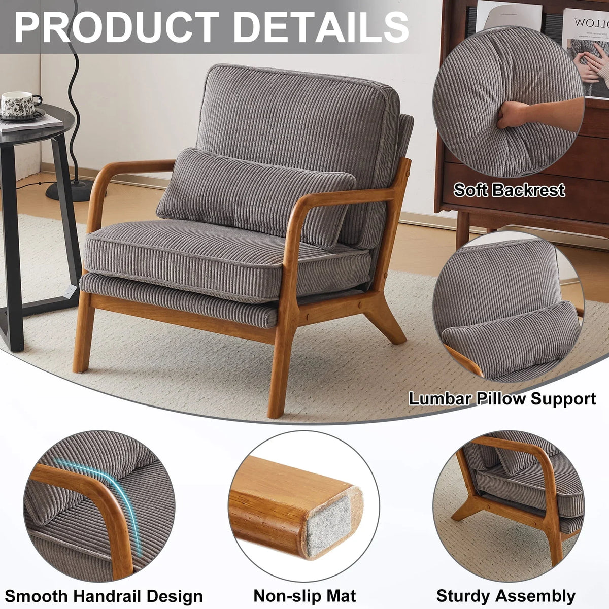 2026 NewKtaxon Accent Chair Corduroy Upholstered Armchair, Reading Club Chair with Pillow and Solid Wood Frame for Living Room Bedroom Furniture Off White