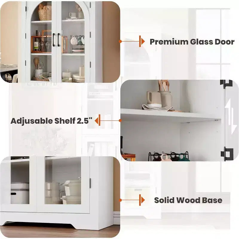 2026 Armario despensa de 70" natural/blanco con 4 puertas de cristal arqueadas y estantes ajustables
