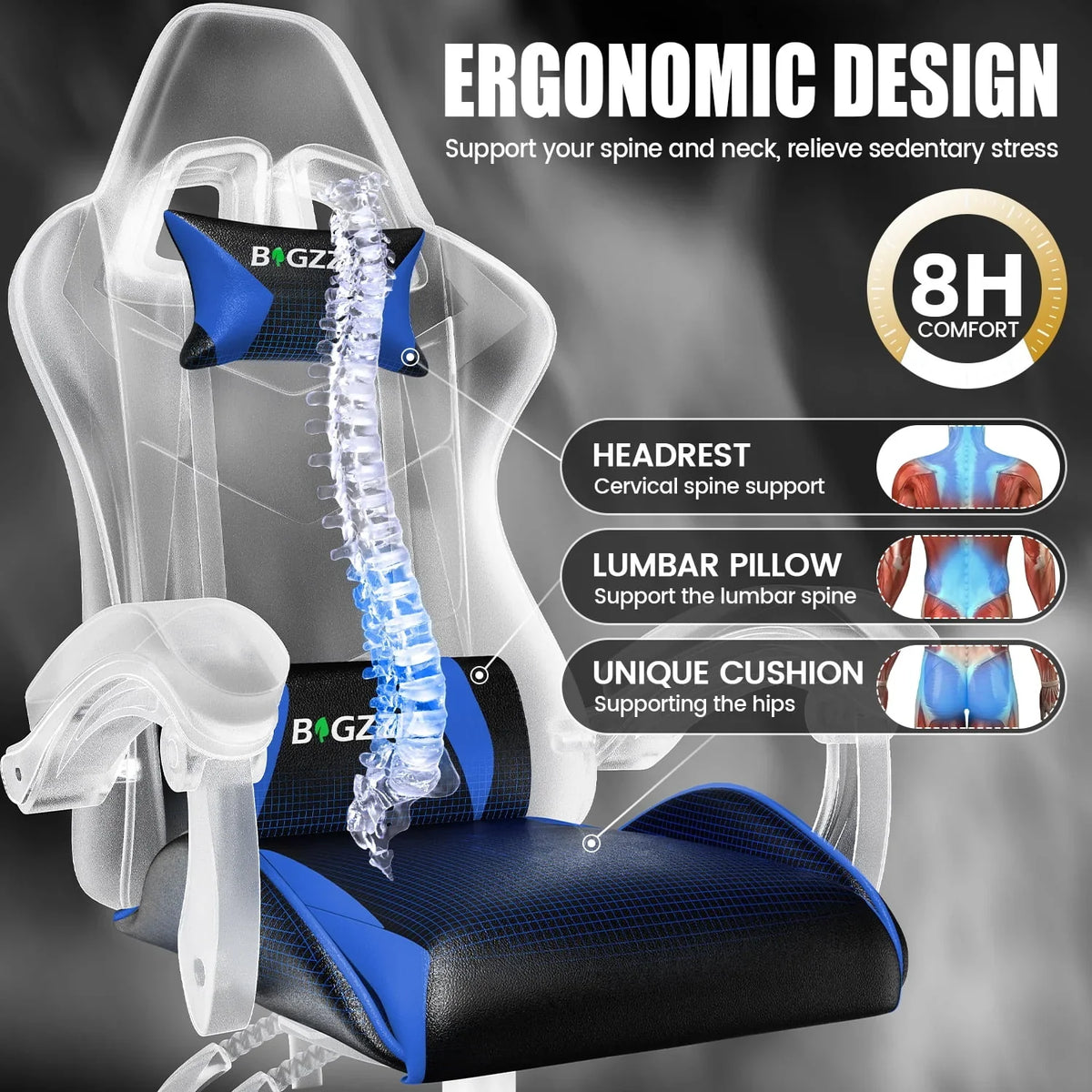 2026 NewBigzzia Gaming Chair Office Chair, Ergonomic Game Chair with Height Adjustable Headrest and Lumbar Support for Adults Teens, Black & White