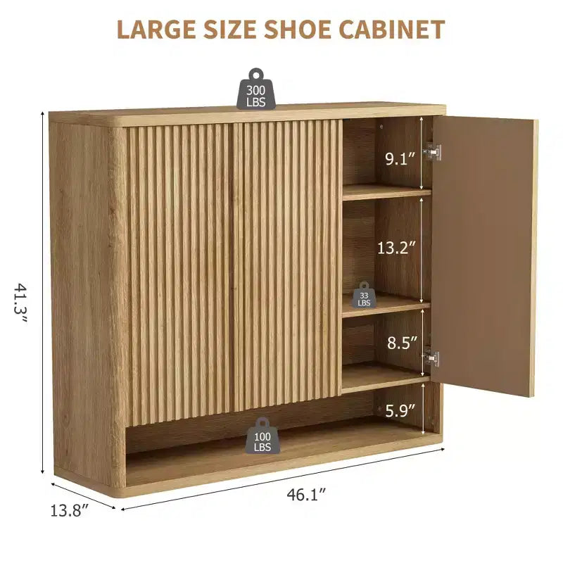 2026 Zapatero de madera de 46" con puerta acanalada, almacenamiento ajustable para 30–35 pares