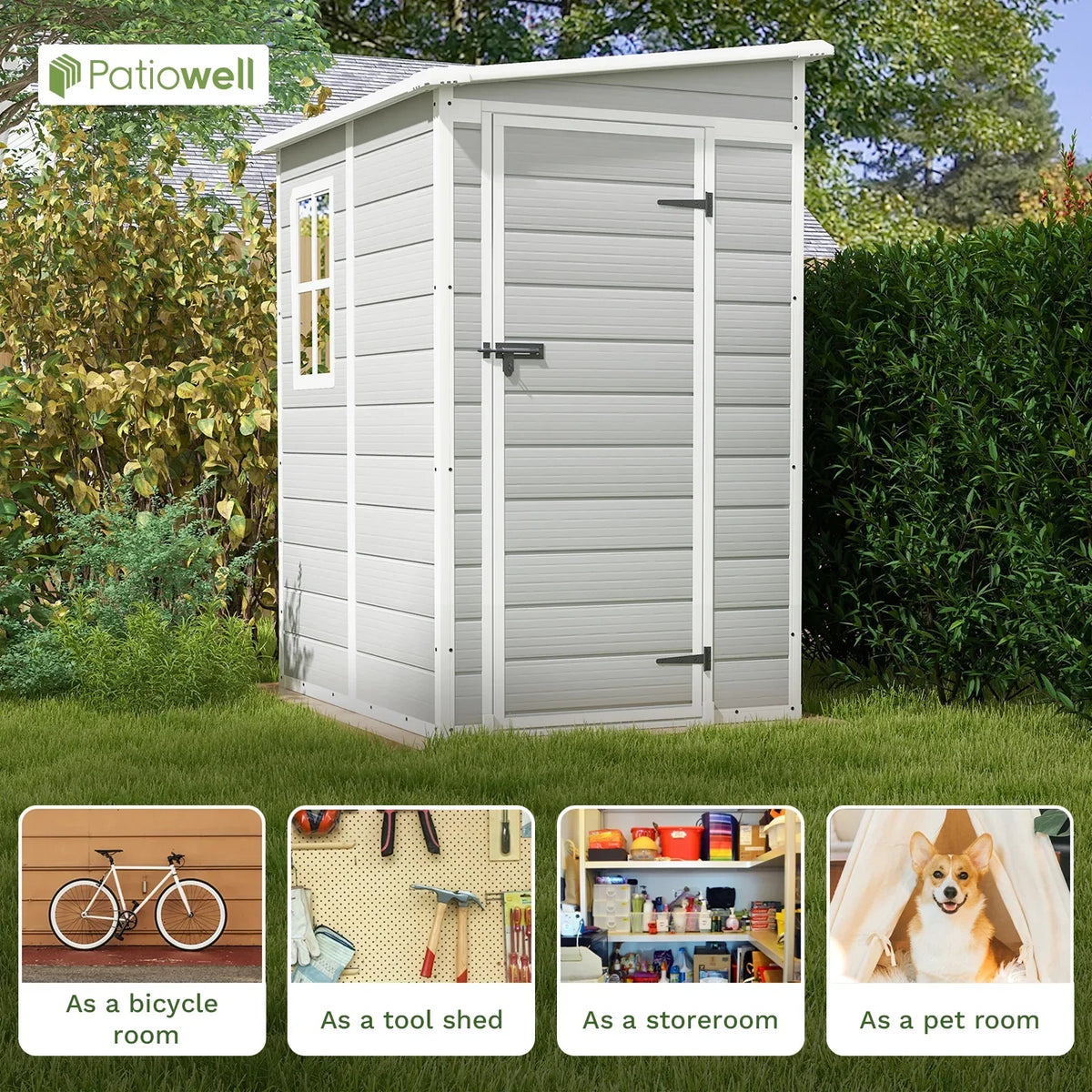 2026 NewPatiowell 5x4 FT Outdoor Storage Shed, Resin Storage Shed with Floor & Window & Lockable Door for Patio Furniture, Garden Tools and Bicycle, White