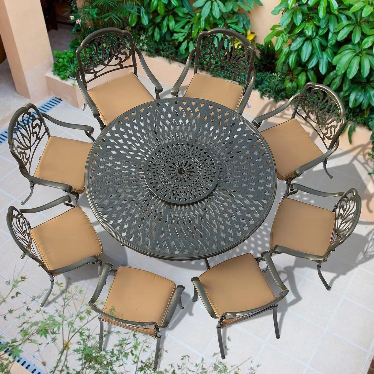 2026 NewVIVIJASON Outdoor 61" Patio Dining Table for 6-8 Person, Large Patio Round Dining Table with 24" Lazy Susan, Dark Bronze Cast Aluminum Rustic Patio Table W/Umbrella Hole for Balcony, Porch and Deck