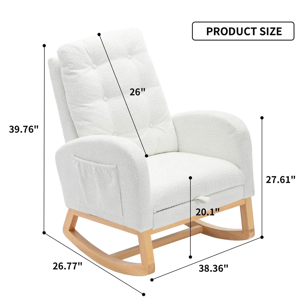 2026 NewModern Accent Rocking Chair with Pull-out Footrest,Nursery Glider Chair with Solid Wood Legs & Side Pocket,Upholstered Lounge Chair with High Backrest,White