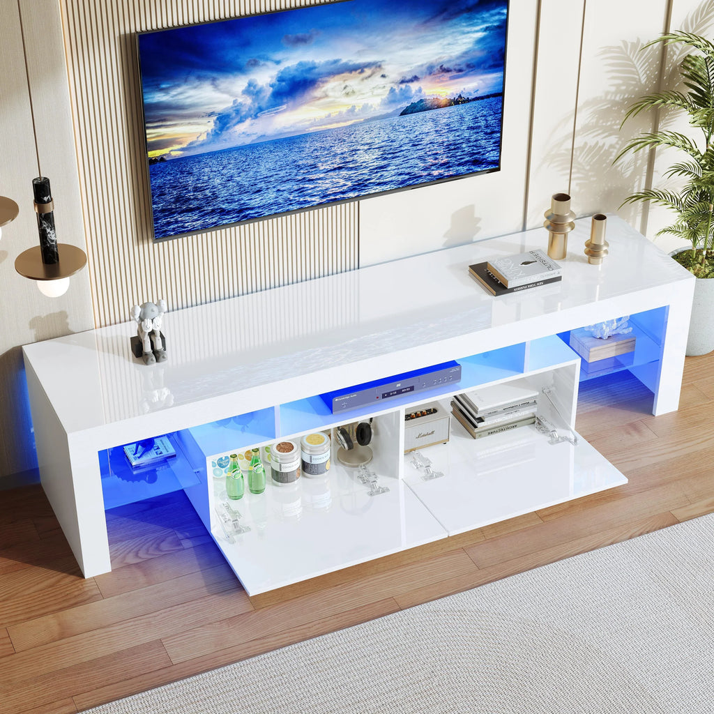 2026 NewPAPROOS TV Stand for TVs up to 70", High Gloss TV Cabinet with LED Light, Modern TV Console Table with Storage Drawers, Media Television Stand Entertainment Center, White
