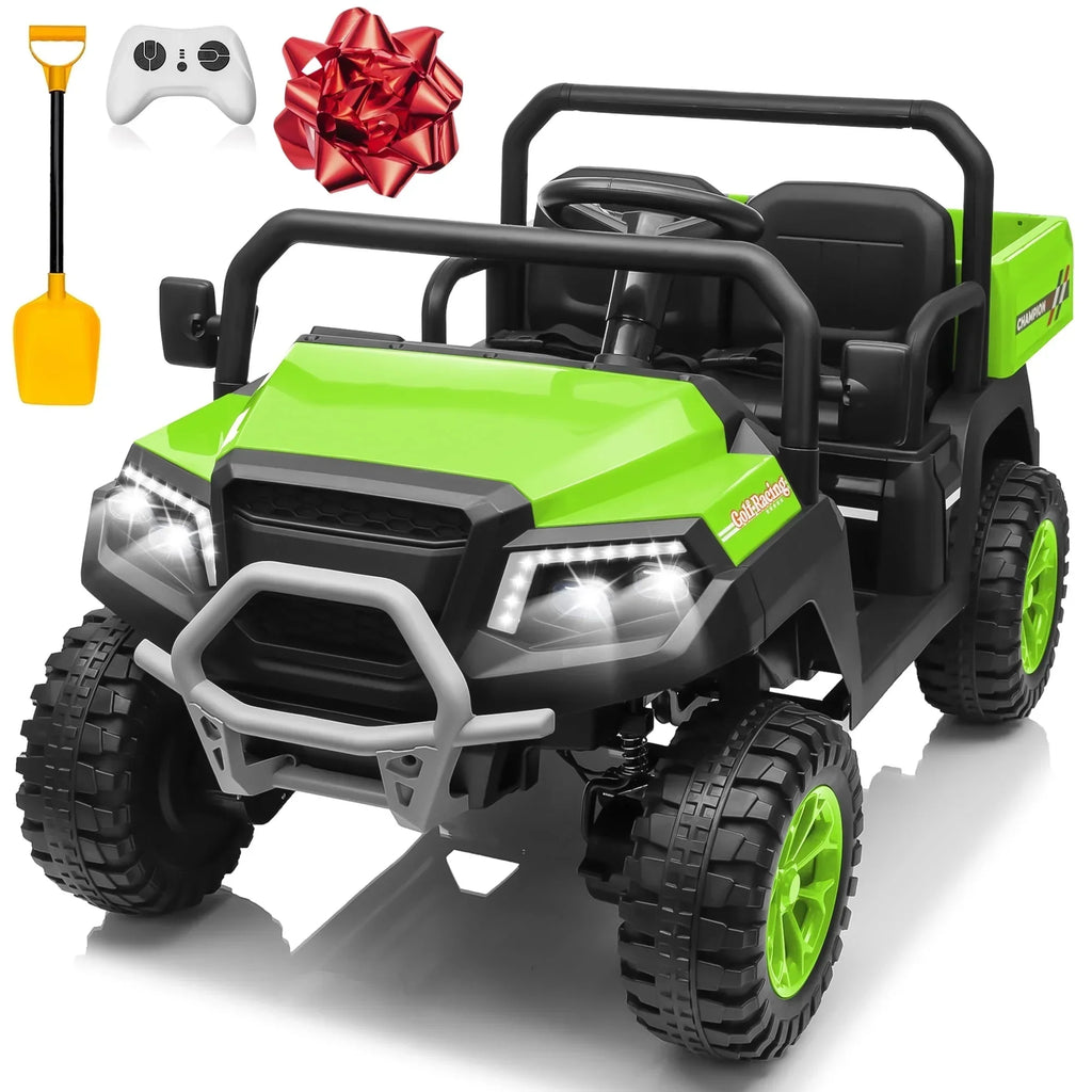 2026 NewJoyracer 4WD 24 Volt Ride on Toys UTV with 2 Seater & Remote Control, Kids Electric Golf Cart w/ 4x200W Power Motors, Tiltable Trailer & Shovel, 4 Wheels Spring Suspension, Bluetooth USB Music, Black