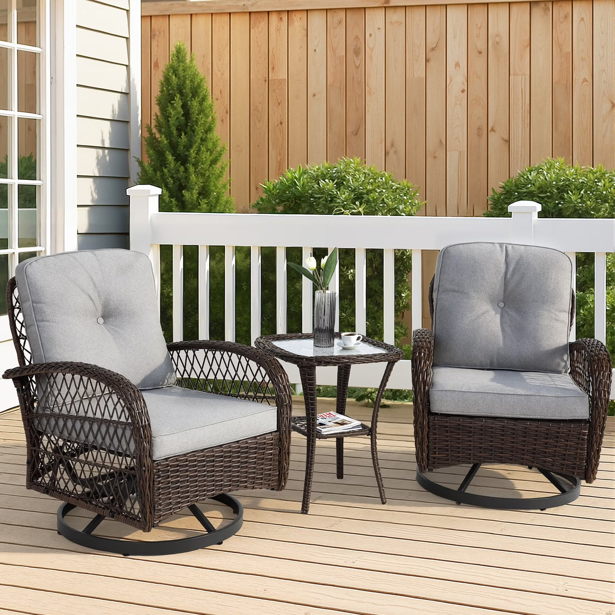 2026 New3 Piece Patio Swivel Rocker Chairs Set, 2 360-Degree Swivel Rocking Chairs with 1 Glass Top Table, PE Rattan Outdoor Bistro Set with Cushions for Balcony Deck Poolside Backyard Porch