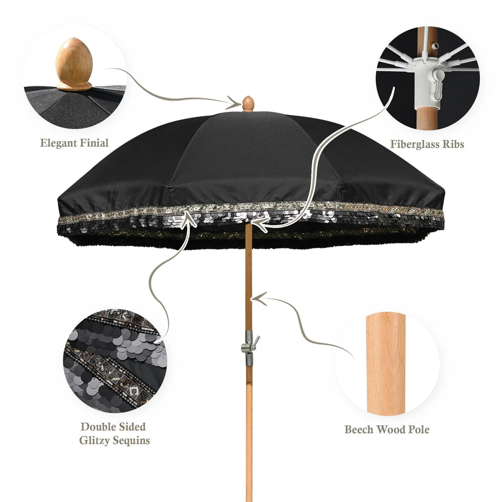 2026 NewLAGarden 6 Ft Fringe Patio Umbrella with Tassel Jazz Age Wood UPF50+ for Outdoor, Beige with gold tassel,Model: JZ6-01