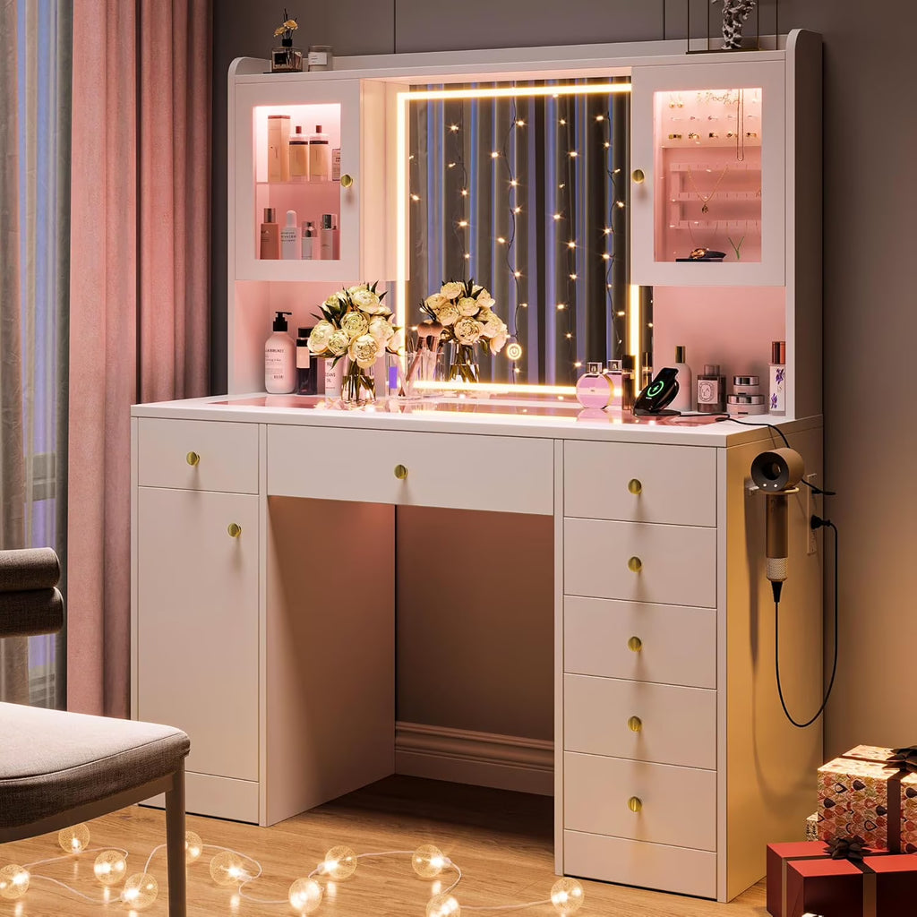 2026 NewiPormis Vanity Desk with Mirror and Lights, Glass Top Makeup Vanity with RGB Light and Charging Station for Girls, White