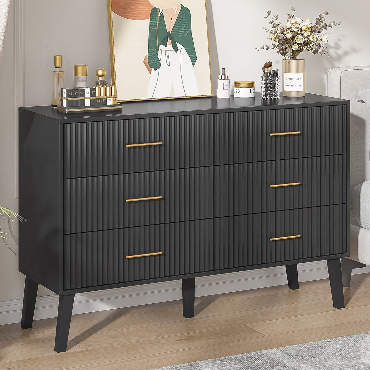 2026 NewFluted 6 Drawers Dresser, Wide Modern Chest of Drawers, 6 Drawer Double Dresser