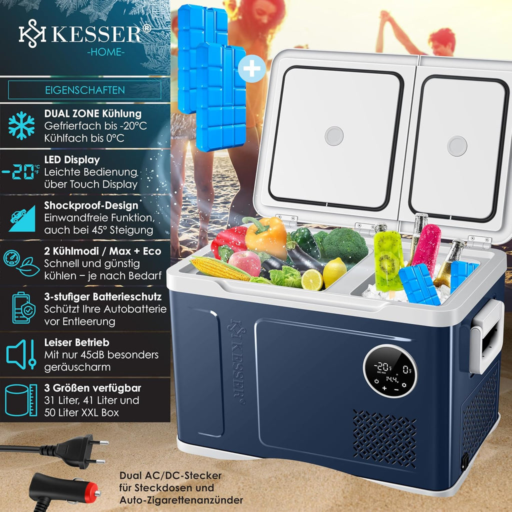 2026 Nevera portátil con compresor KESSER 2 en 1, doble zona de refrigeración y congelación, con 2 acumuladores de frío y control táctil LED | Refrigerador con capacidad de enfriamiento hasta -20 °C para camping, coche y camión, 12/24 V 230 V