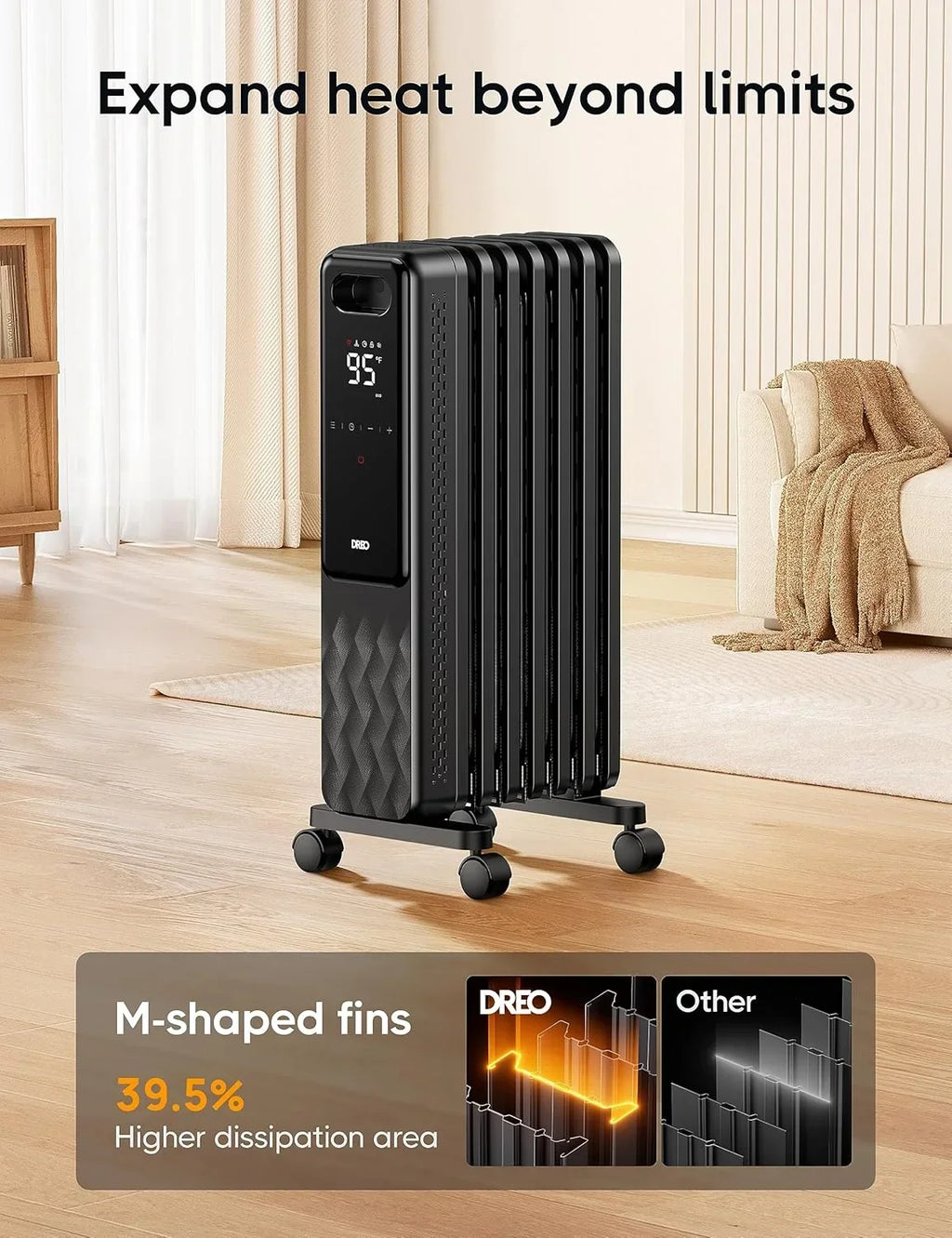 2026 NewDreo Oil Filled Radiator, Electric Radiant Heaters for indoor use Large Room with Remote Control, Child Lock, 4 Modes, Overheat & Tip-Over Protection, 24h Timer, Digital Thermostat, Quiet, 1500W