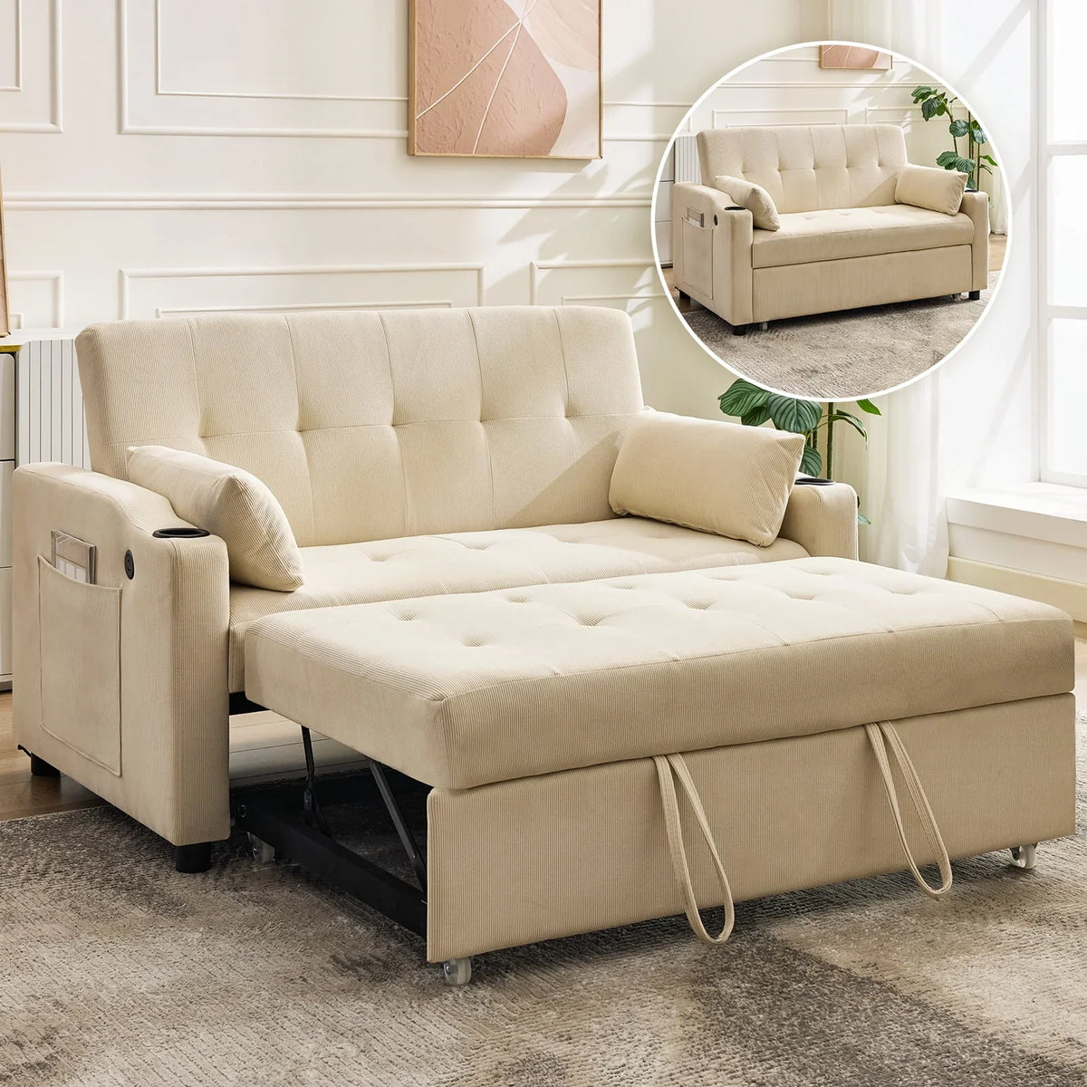 2026 New3 in 1 Convertible Sleeper Sofa Bed, Corduroy Futon Couches with Pull-Out Bed, Adjustable Backrest, Charging Port & Side Pockets, Modern Upholstered Sofa for Living Room, Guest Room