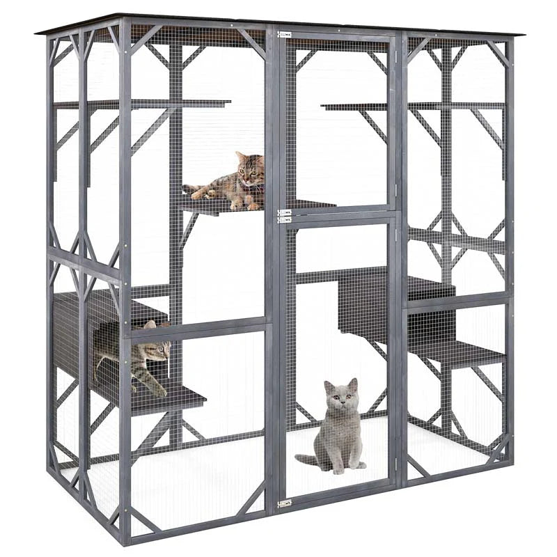 2026 Casa para gatos grande de 180 cm de altura, recinto exterior para gatos, caseta para gatos con acceso directo, jaula de madera para gatos con 7 plataformas.