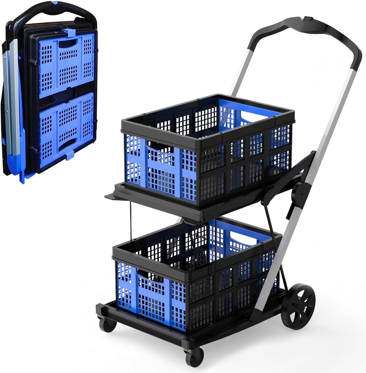 2026 NewFoldable Grocery Cart with Wheels and Removable Storage Crate, Collapsible Shopping Cart, 2-Tier Portable Utility Cart for Home, GroceriesSupermarket