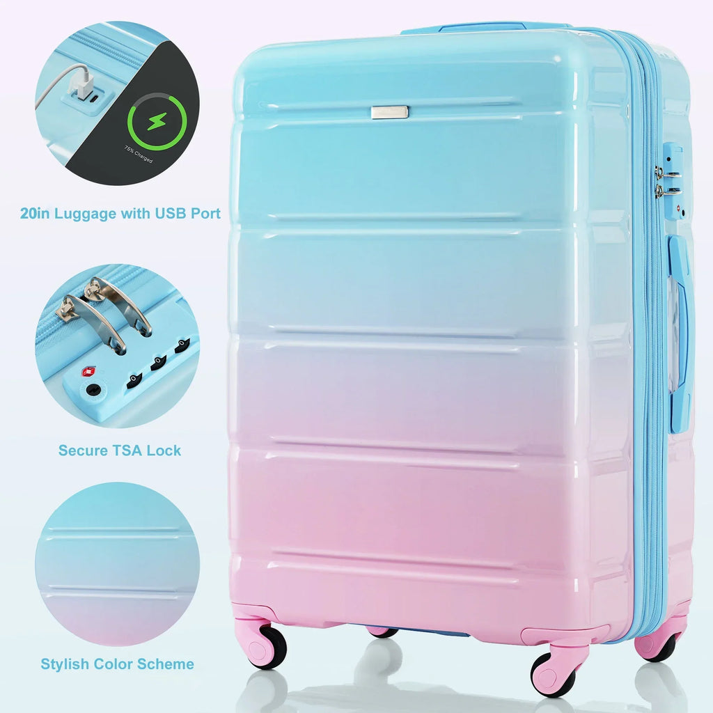 2026 NewPAPROOS 3-Piece Luggage Set (20''/24''/28''), Hardshell Lightweight Suitcase with USB Port and Side Hooks, Travel Luggage with TSA-Lock, Hardside Rolling Luggage for School, Travel, Pink