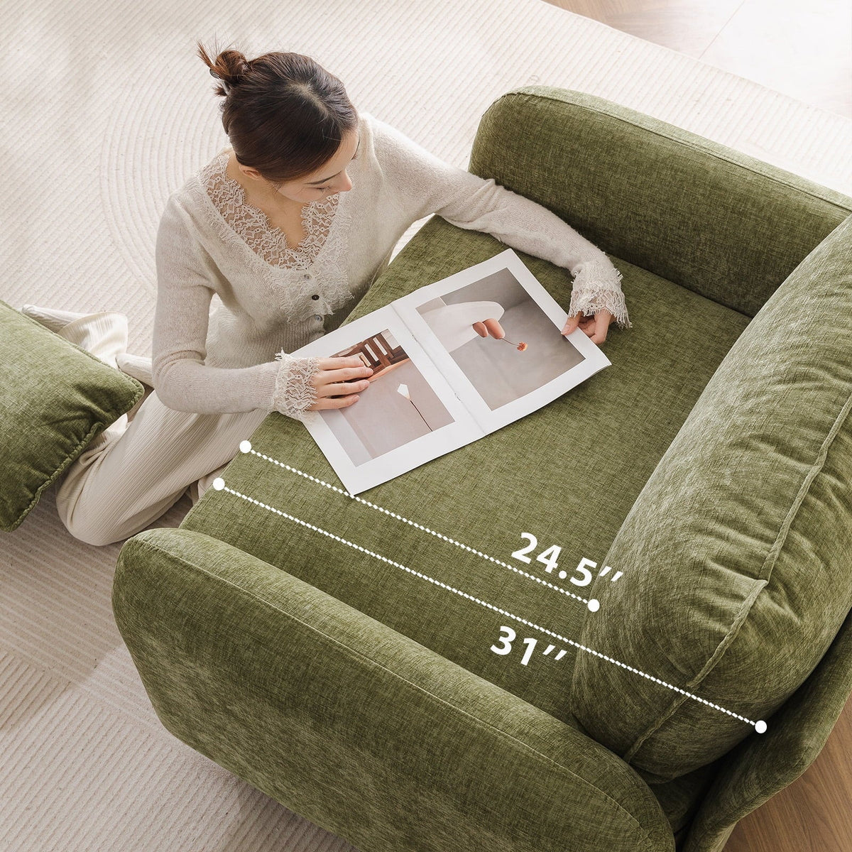 2026 NewRexulqo Oversized Accent Chair with All Seats Storage,Comfy Living Room Chairs with 2 Throw Pillow,Upholstered Mid-Century Armchair,24.5'' Deep Seat,Reading Chair For Bedroom,Office,Chenille,Green
