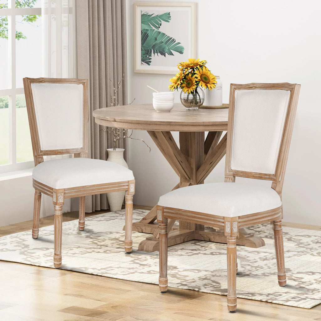 2026 NewFrench Dining Chairs Set of 2 Beige Natural Fabric Round Back with Solid Wood Legs and Frame for Bedroom Dining Room Kitchen
