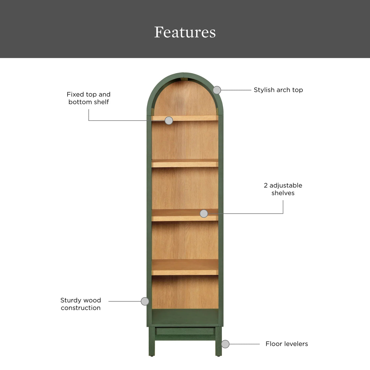 2026 NewBetter Homes & Gardens Juliet Narrow Arch Bookcase, Rich Black and Light Honey