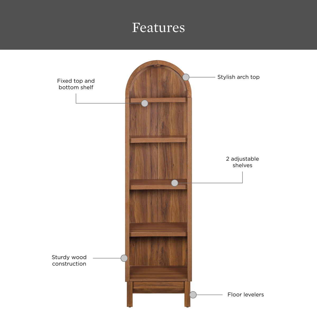 2026 NewBetter Homes & Gardens Juliet Narrow Arch Bookcase, Rich Black and Light Honey