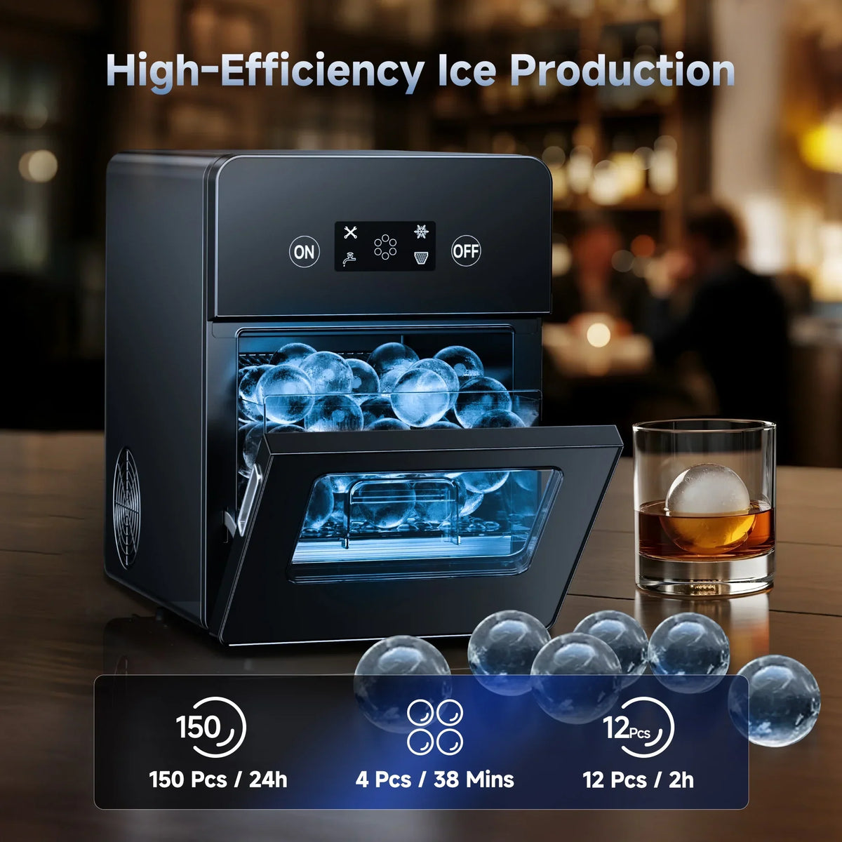2026 NewSimzlife Sphere Ice Maker,10 pcs/Hour, 150 pcs/Day,Clear Ice Ball Maker with Enhanced Insulation, with LCD Touch Screen, Self-Cleaning, Quiet Home and Bar Ice for Whiskey Bourbon Parties