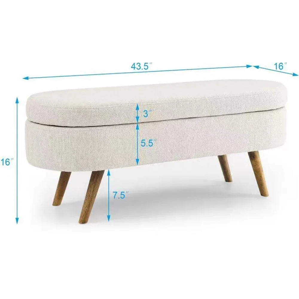 2026 New43.5" Oval Storage Ottoman Bench with Solid Wood Legs, Linen Fabric Upholstered Entryway Bench with Safety Hinge, Indoor Bench for End of Bed, Sofa Side, Entryway