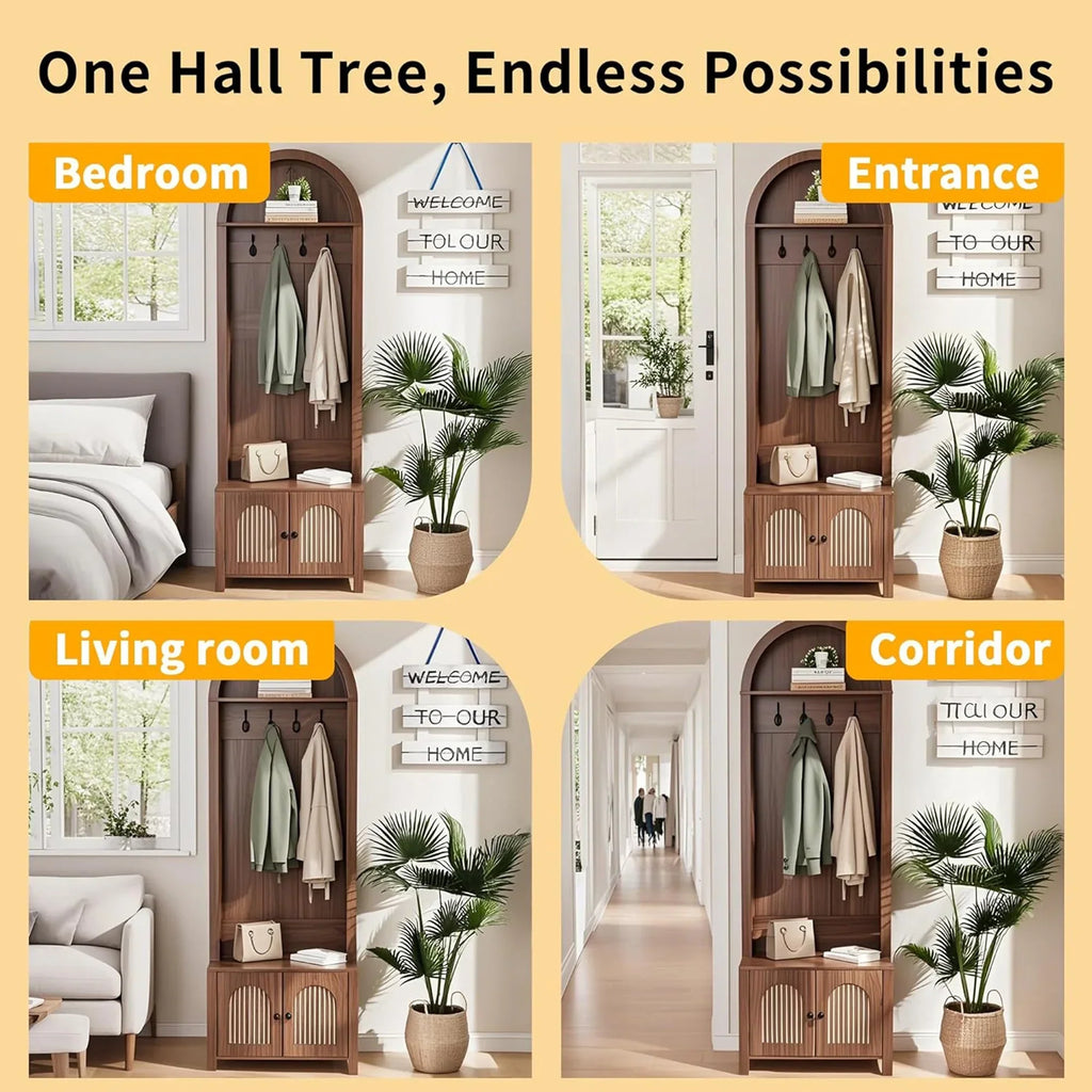 2026 NewLUCKYELF Hall Tree with Shoe Storage, Entryway Bench with 4 Hooks and 2 Doors, Arch Coat Rack Cabinet for Hallway