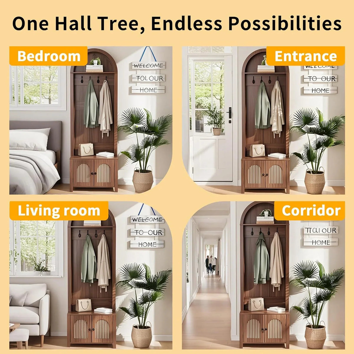 2026 NewLUCKYELF Hall Tree with Shoe Storage, Entryway Bench with 4 Hooks and 2 Doors, Arch Coat Rack Cabinet for Hallway