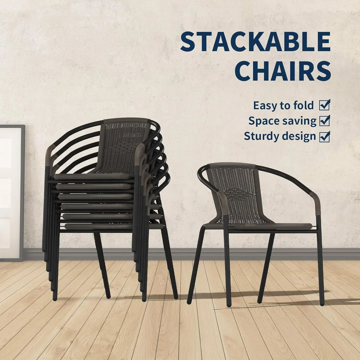 2026 NewELPOSUN Outdoor Dining Chairs Set of 6, Wicker Patio Chairs with Metal Frame, Rattan Indoor-Outdoor Chairs for Bistro, Deck, Backyard, Porch, Restaurant Stack Chair 6 Pack (Black)