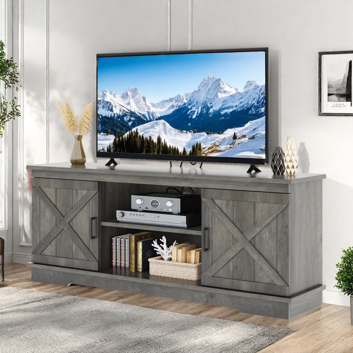 2026 NewDextrus Farmhouse TV Stand for 65 inch TV, Entertainment Center for Living Room, TV Media Console Cabinet, Grey Wash